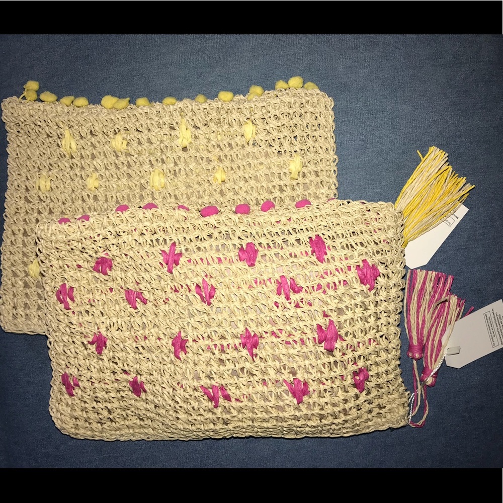 Knit straw bag (pink or yellow) with tassel